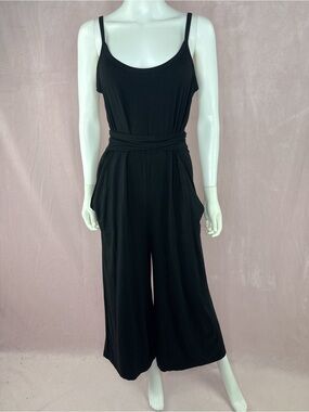 Cuyana Pima Cotton Modal Stretch V-Back Jumpsuit with Tie Waist Black Size Small